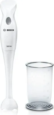 A white Bosch hand blender and a clear measuring cup are shown against a white background.