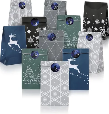 Productafbeelding van Adventskalender om te vullen - Doe-het-zelf geschenktassenset met 24 zakjes - Kerstkalender voor kinderen en mannen