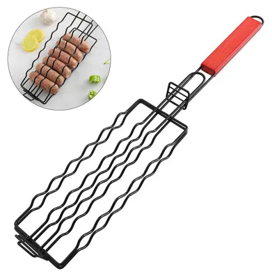 Produktbild von Hot Dog Grillkorb Edelstahl mit Holzgriff, BBQ Wursthalter, Grillzange Netzkorb für Camping, Gemüse & Fleisch, 48,5 cm