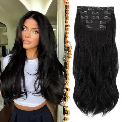 Immagine prodotto di Estensioni per capelli sintetiche nere, lunghezza 50 cm, onde, set da 5 pezzi