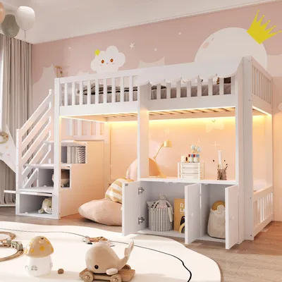 A child's bedroom with a white bunk bed, decorated with clouds and a moon.