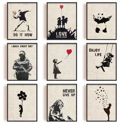 Productafbeelding van Set van 9 Banksy Wandkunst Posters zonder Lijst - Graffiti en Inspirerende Citaten