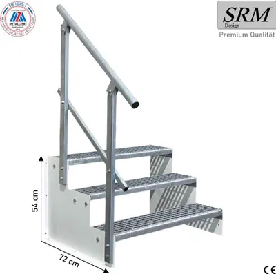 Produktbild von 3 Stufen Standtreppe Modell 2 Weiß, Breite 110 cm, Höhe 54 cm 1x Geländer Rund
