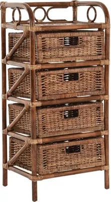 Zdjęcie produktu dla KRINES HOME Rattanowa komoda z szufladami Półka łazienkowa Półka na kosz Szuflady z prawdziwego rattanu o szerokości 46 cm (brązowe, 4 szuflady)