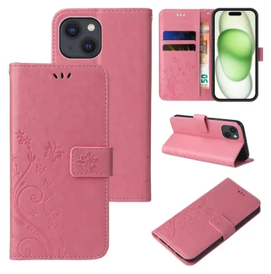 A collage of images showing a pink floral butterfly patterned flip phone case for an Apple iPhone 15, with different views and angles.