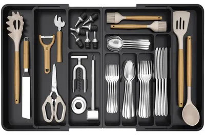 Bestecklade Organizer, ausziehbar 45,1–91,4 cm, 11 Fächer, Schwarz
