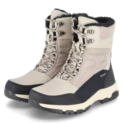 A pair of beige and black winter boots.