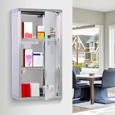 Productafbeelding van Medicijnkastje, 25 x 12 x 48 cm, met 3 compartimenten, medicijnkast van staal, afsluitbaar met 2 sleutels, glazen deur, huisapotheek, rood