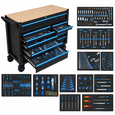 Image de Servante d'atelier - HEXWELT - 12 tiroirs avec outils et plan de travail en bois - HW-SNZK-37