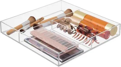 Produktbild von Unyqoos® Make-up-Organizer – transparente, stapelbare Kosmetik-Aufbewahrung mit 3 Fächern für Lippenstifte, Pinsel und Schminkutensilien, 30,5×5,0×30,5 cm