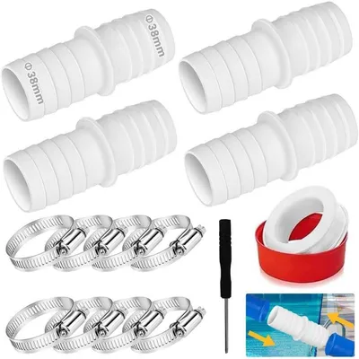 Productafbeelding van Zwembadslangadapter 38mm, set van 4, 8 slangklemmen, PTFE-band, wit