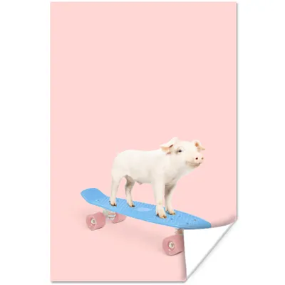 Produktbild von MuchoWow® Poster Schwein - Rosa - Skateboard - Blau - Tiere 120x180 cm - Kunstposter