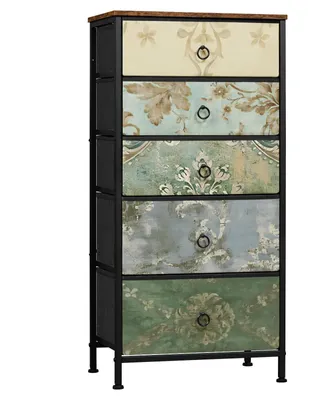 Image de Commode en tissu avec 5 tiroirs - Armoire de rangement étroite - Motifs floraux - 45,5 x 95,5 x 30 cm - Style rétro - Pour le salon