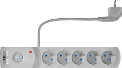 Productafbeelding van Overspanningsbeveiligde stekkerdoos met 5 stopcontacten + 2 USB-poorten, 5 meter, grijs, 10A, 2300W, model W-100042