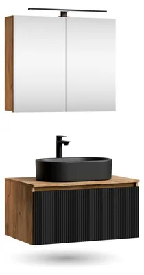 Produktbild von ARISA Badmöbel Set in Schwarz Geriffelt - Mit Spiegelschrank "ARIA" und schwarzem Keramik-Aufsatzwaschbecken 55 cm