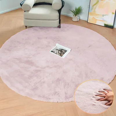 Image de Tapis rond rose, 150 cm. Tapis en Fourrure artificielle, idéal pour la chambre, la chambre d'enfant ou le salon. Doux, moelleux et lavable
