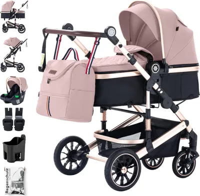 Produktbild von Daliya® NEOMOVE 3in1 Kinderwagen | mit i-Size Babyschale & Buggy | Alu-Rahmen Reisekinderwagen | Kombikinderwagen mit großen Einkaufskorb | für Stadt und Gelände | Sicher & Komfortabel (Rahmen: Gold, Stoff: Rosa)
