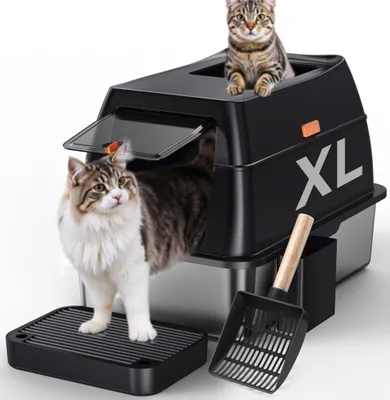 Image de Litière pour chat en acier inoxydable avec couvercle et pelle