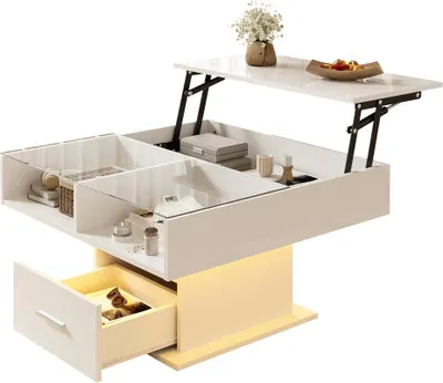 Image de AIORBER Table basse multifonctionnelle Lift, réglable en hauteur, haute brillance, éclairage LED, espace de rangement, design moderne, blanc