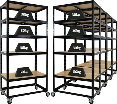 Produktbild von Mega Deal 5x Kommissionierwagen BÜFFEL | HxBxT 190x90x50cm | 5 Ebenen | Fachlast 50kg | 4 Lenkrollen, davon 2 mit Feststellbremse | Schwarz | Fahrbares Kommissionierregal, Regal auf Rollen, Regalwagen