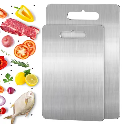 Image de Lot de 2 planches à découper en titane, planche à découper améliorée en acier inoxydable 2026, planche à découper double face en titane sans BPA pour la viande, le pain, les légumes et les fruits