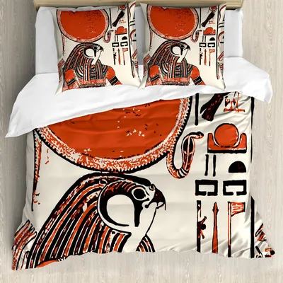 Obrázek produktu pro ABAKUHAUS egyptská sada povlečení, papyrus s grafickým potiskem se symboly staroegyptského jazyka, vintage umělecký tisk, 200 x 200 cm + 80 x 80 cm, krémově červená