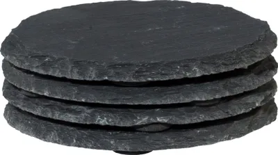 A stack of round, black slate coasters.