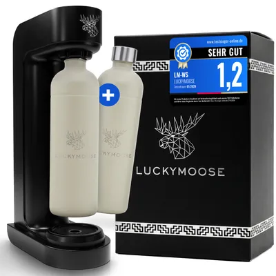 Produktbild von Luckymoose Infinity Wassersprudler mit 2x 1,25L langlebigen, spülmaschinenfesten Edelstahlflaschen – CO₂-sparende Sprudelwasser Maschine