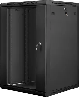 A black server rack cabinet with its doors open, showing the interior rack rails. The cabinet has two locked doors, one with a glass panel.