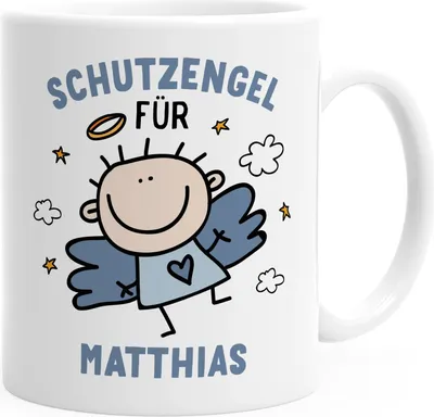 Produktbild von SpecialMe® personalisierte Kaffeetasse Schutzengel mit Name Namenstasse personalisierte Geschenke Glücksbringer weiß-blau Keramik-Tasse
