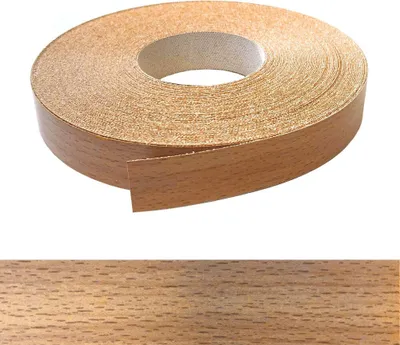 A roll of wood veneer edge banding with a wood grain pattern is shown against a white background. Below it, a close-up of the wood grain pattern is displayed.