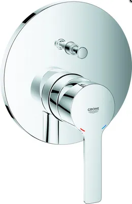 A chrome-finished shower faucet with a lever handle and a circular escutcheon plate.