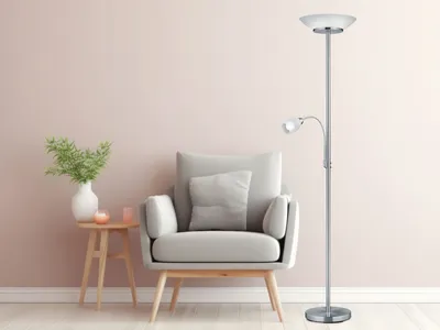Produktbild von LED Deckenfluter mit Flex Leselampe, große Stehlampe Silber für Wohnzimmer Ecke
