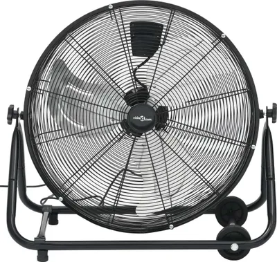 A black floor fan is shown against a white background.