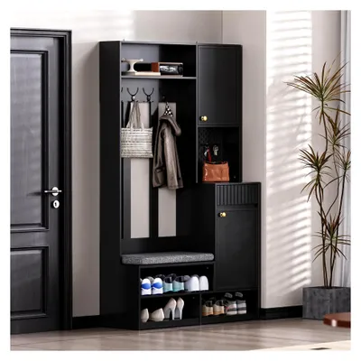 Produktbild von Garderobenset Flurgarderobe Schwarz - Garderobenschrank mit Sitzbank, 4 Haken & Stauraum | Kompaktgarderobe für Flur & Eingangsbereich | Kippsicher, 100×180×35 cm
