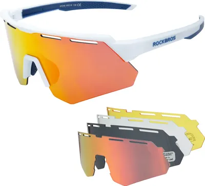 Image de ROCKBROS Lunettes de vélo Lunettes polarisées, 4 verres interchangeables, UV-400, blanc