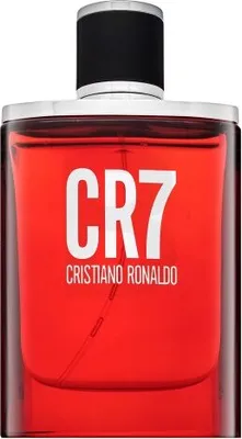 A close-up studio shot of a red bottle of Cristiano Ronaldo CR7 Eau de Toilette.