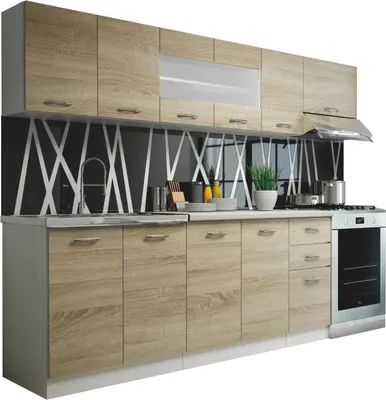A modern kitchen set with wooden cabinets and a stainless steel sink and appliances.