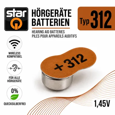 Produktbild von 80 Stück Hörgeräte Batterien 312 1,45V braun