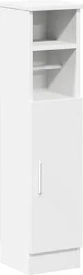 A white bathroom cabinet with a door and shelves.