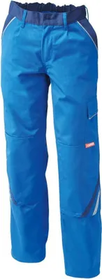 A pair of blue work pants shown from the front.