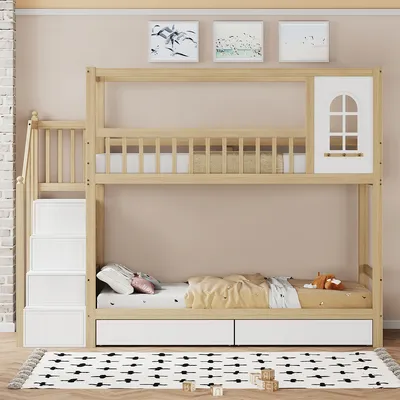Produktbild von Etagenbett mit Aufbewahrungsschubladen und Sicherheitsleiter Kinderbett Hausbett Jugendbett 90*200cm Holzfarbe
