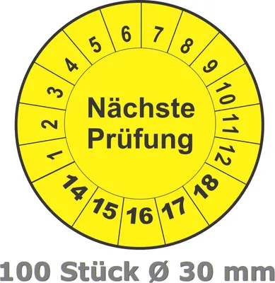 Produktbild von 100 Stück Prüfplaketten für 5 Jahre und 12 Monate, Durchmesser 30 mm, Farbe gelb, Aufkleber, Prüfaufkleber, Prüfetiketten, Folienaufkleber mit UV-Schutzlackierung, Prüfung ( Auf-P7 )