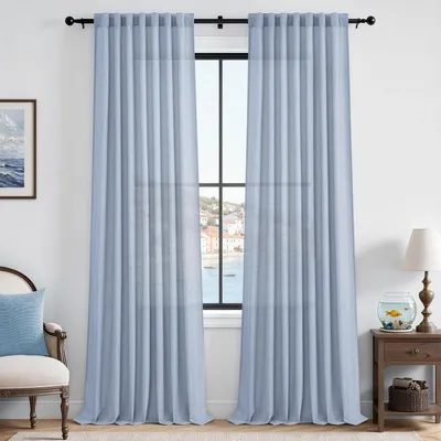 Obrázek produktu pro Záclony, poloprůhledné, modré, vzhled lnu, sada 2 kusů, rozměry 260 x 140 cm