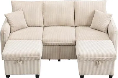 Produktbild von U-Form Ecksofa mit Staufunktion & Schlaffunktion - Inkl. Hocker & Schubladen, Chenille Bezug, Modular Zerlegbar，Beige