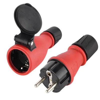 Produktbild von ORSEM Schuko Stecker & Kupplung - SET 230V IP54 Schutzkontaktstecker aus Gummi & Kunststoff, Schwarz Rot, für den Außenbereich, 3-Poliger Stromstecker