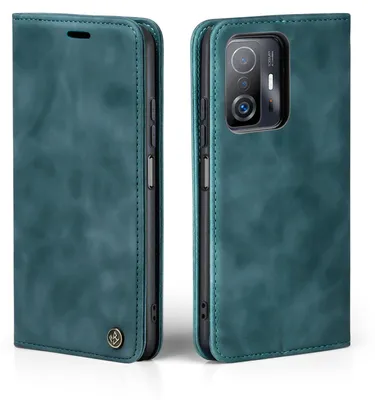 A teal flip case for a smartphone is shown from two angles, one closed and one open to reveal the phone's camera.