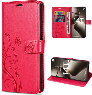 A collage of images showing a red flip phone case with a floral design, including a view of the case open with cards and cash inside, and a view of the phone inside the case.