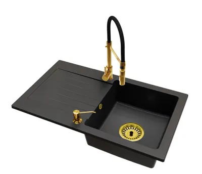 Produktbild von Granit Küchenspüle LEON Einbecken mit Abtropffläche inkl. Armatur Vento Gold, Seifenspender und Raumsparsiphon