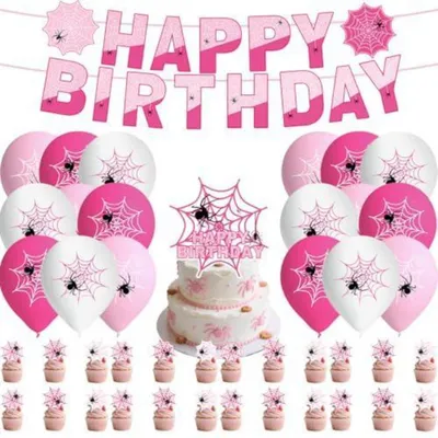 Produktbild von Party Dekoration Set 44 Teile Spinnennetz Geburtstag Mädchen Luftballons Tortenaufsatz Banner